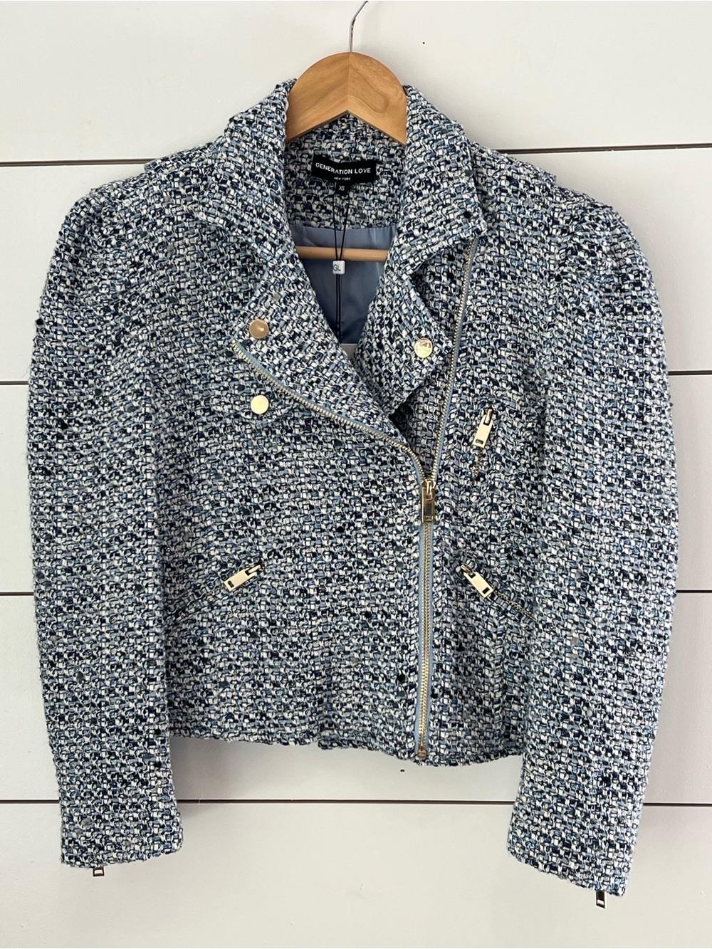 NWT Generation Love Blue Tweed Moto Jacket with Gold Hardware quiet luxury glam